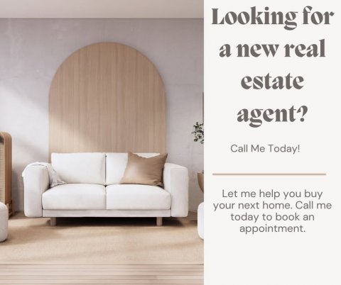 Interior Design, Couch, Cushion. Text: Looking for a new real estate agent? Call Me Today! Let me help you buy your next home. Call me today to book an appointment.