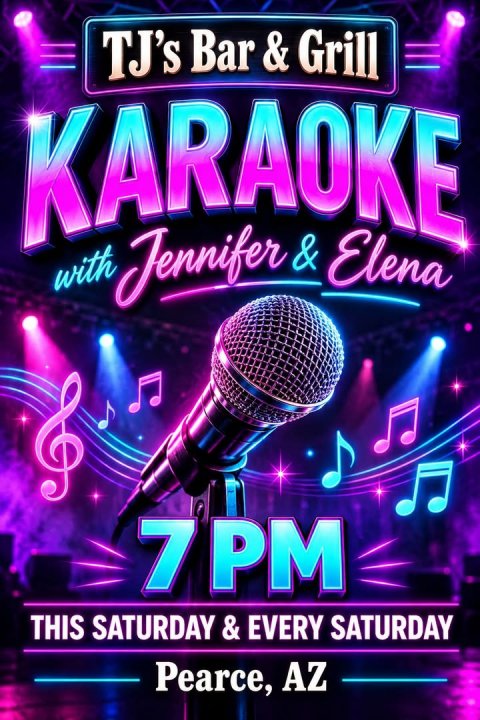 Microphone, Purple, Advertisement. Text: KARAOKE with Jennifer &amp; Elena 7 PM THIS SATURDAY &amp; EVERY SATURDAY Pearce, AZ