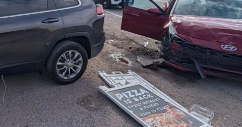 Vehicle, Car, Car - Exterior. Text: PIZZA IS BACK EVERY MONDAY