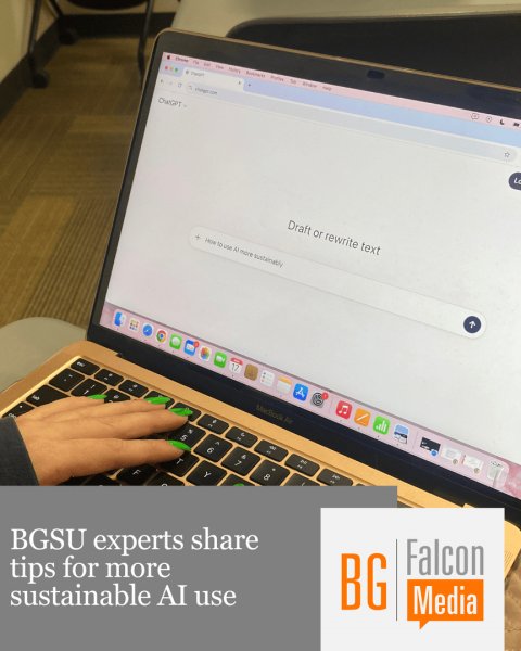 Computer, Laptop, Pc. Text: Draft or rewrite text Y Falcon BG Media BGSU experts share tips for more sustainable AI use