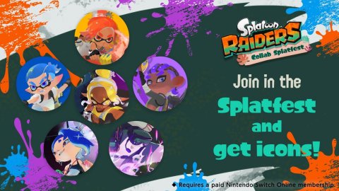 Advertisement, Poster, Graphics. Text: RAIDERS Collab Splatfest Join in the Splatfest and get icons! Requires a paid Nintendo Switch Online membership: