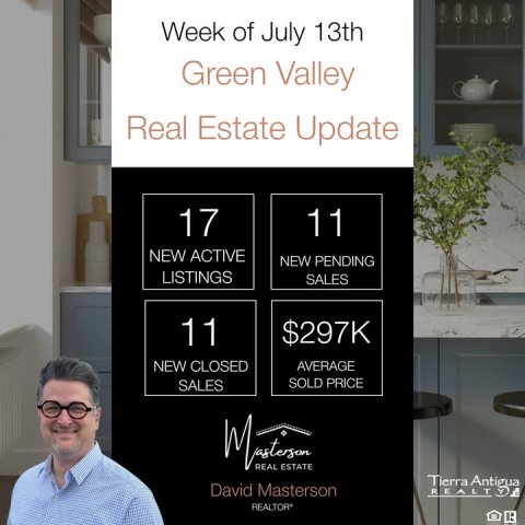 Advertisement, Poster, Potted Plant. Text: Week of July 13th Green Valley Real Estate Update 17 11 NEW ACTIVE NEW PENDING LISTINGS SALES 11 $297K NEW CLOSED AVERAGE SOLD PRICE SALES REAL ESTATE Tierra Antigua David Masterson REALT R
