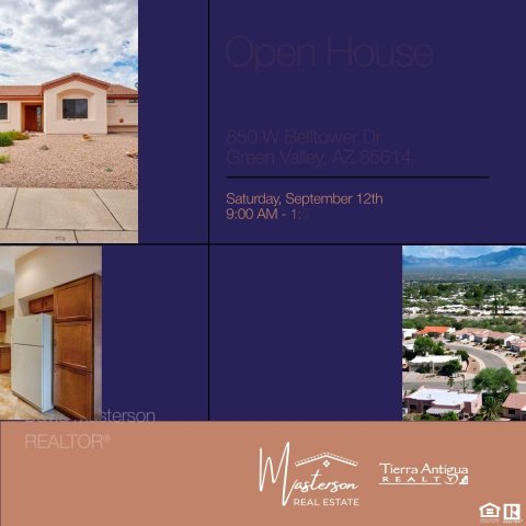 Advertisement, Poster, Villa. Text: Open House 850 W Belltower Dr Saturday, September 12th sterson Tierra Antigua REAL ESTATE