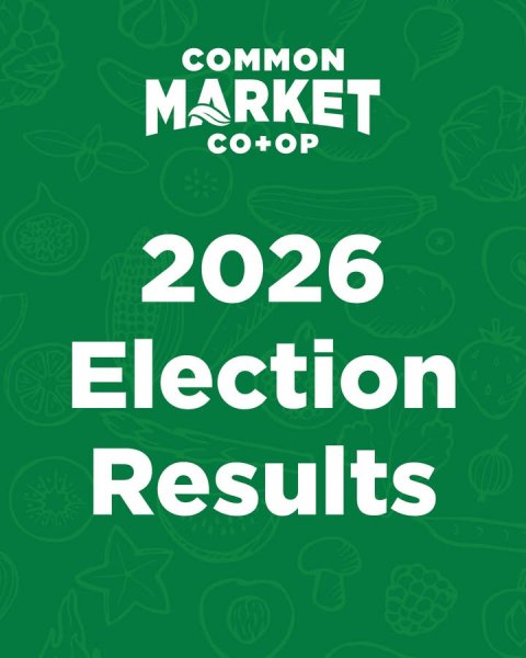 Advertisement, Poster, Green. Text: COMMON MARKET CO+OP 2026 Election Results