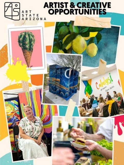 Collage, Person, Woman. Text: ARTIST &amp; CREATIVE ART OPPORTUNITIES STATE ARIZONA