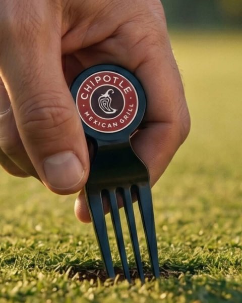 Cutlery, Fork, Ice Hockey Puck. Text: CHIPOTLE MEXICAN GRILL