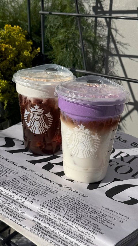 Beverage, Cup, Disposable Cup. Text: ks RI with and Chance of Flavor 100% likea crossbetween vanilla and pistachio Expect with airy form with a it's soft, layered starchy over warmth. milk In macchiato that creating contrast in both flavor cups, and