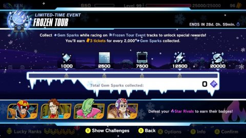 Scoreboard, Game, Super Mario. Text: KEN 25000/25000 96 LIMITED-TIME EVENT FROZEN TOUR ENDS IN 28d. Oh, 59min. Collect - Gem Sparks while racing on Frozen Tour Event tracks to unlock special rewards! You'll earn 1000 2500 7500 12500 20000 Total Gem Sparks collected: Defeat your Star Rivals to earn their badges! Show Challenges Back Lucky Ranks Options Y Info A Confirm