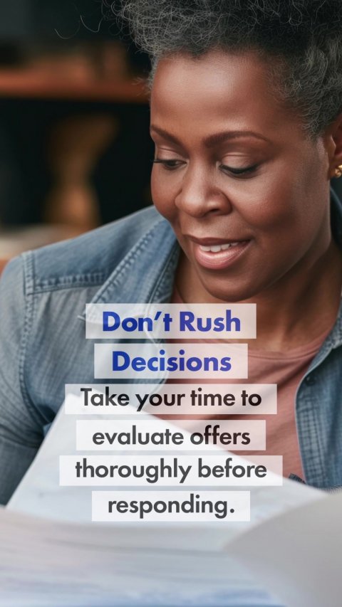 Head, Person, Face. Text: Don't Rush Decisions Take your time to evaluate offers thoroughly before responding.