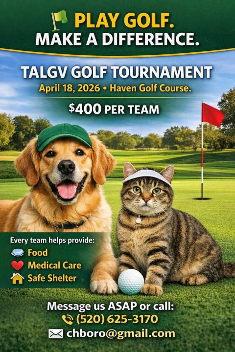 Advertisement, Poster, Grass. Text: PLAY GOLF. MAKE A DIFFERENCE. TALGV GOLF TOURNAMENT April 18, 2026 Haven Golf Course. $400 PER TEAM Every team helps provide: Food Medical Care Safe Shelter Message us ASAP or call: (520) 625-3170 chboro@gmail.com