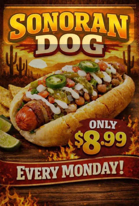 Food, Hot Dog, Poster. Text: SONORAN DOG ONLY $8.99 EVERY MONDAY!