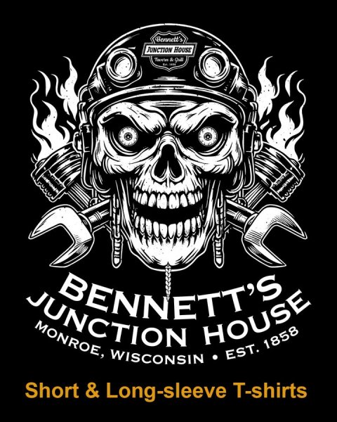 Advertisement, Poster, Gas Pump. Text: Bennett's JUNCTION HOUSE BENNETT'S JUNCTION MONROE, WISCONSIN HOUSE . EST. 1858 Short &amp; Long-sleeve T-shirts