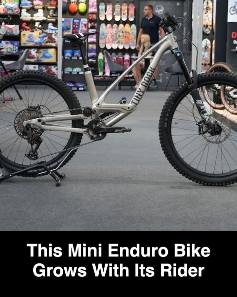 Adult, Man, Person. Text: D TINY ROCK This Mini Enduro Bike Grows With Its Rider