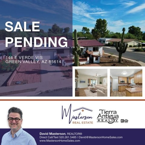 Advertisement, Poster, Villa. Text: SALE PENDING 146 E VERDE VIS GREEN VALLEY, AZ 85614 Tierra Y REAL ESTATE David Masterson, REALTOR® www.MastersonHomeSales.com