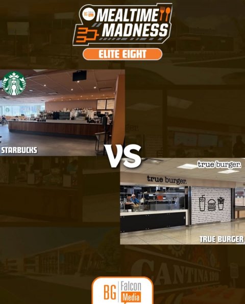Cafeteria, Restaurant, Airport. Text: MEALTIME MADNESS ELITE EIGHT STARBUCKS VS true burger. TRUE BURGER Falcon BG Media