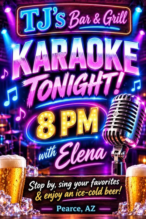 Lighting, Microphone, Urban. Text: TJ's Bar &amp; Grill KARAOKE TONIGHT! 8 PM with Stop by, sing your favorites &amp; enjoy an ice-cold beer! Pearce, AZ