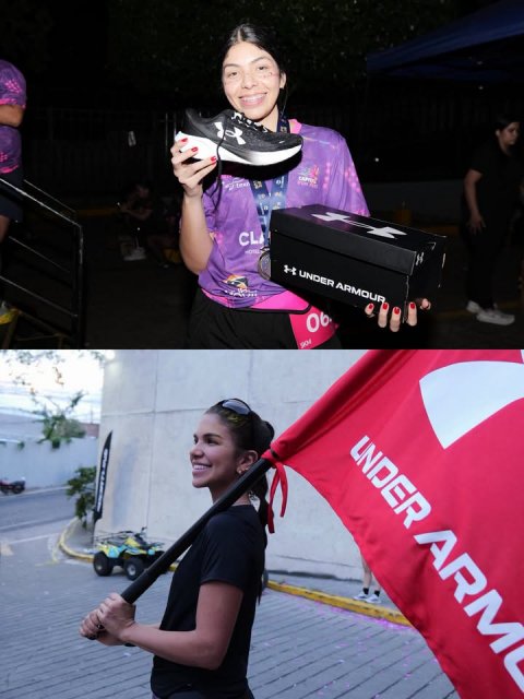 Person, Portrait, Woman. Text: CL H UNDER ARMOUR UNDER ARM