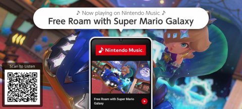 Phone, QR Code, Mobile Phone. Text: Now playing on Nintendo Music Free Roam with Super Mario Galaxy Nintendo Music Scan to Listen Free Roam with Super Mario Galaxy