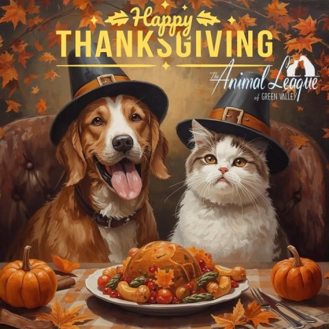 Fork, Dog, Plate. Text: Happy THANKSGIVING of