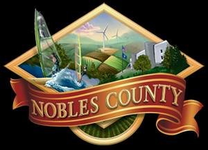 Factory, Windmill, Emblem. Text: NOBLES COUNTY