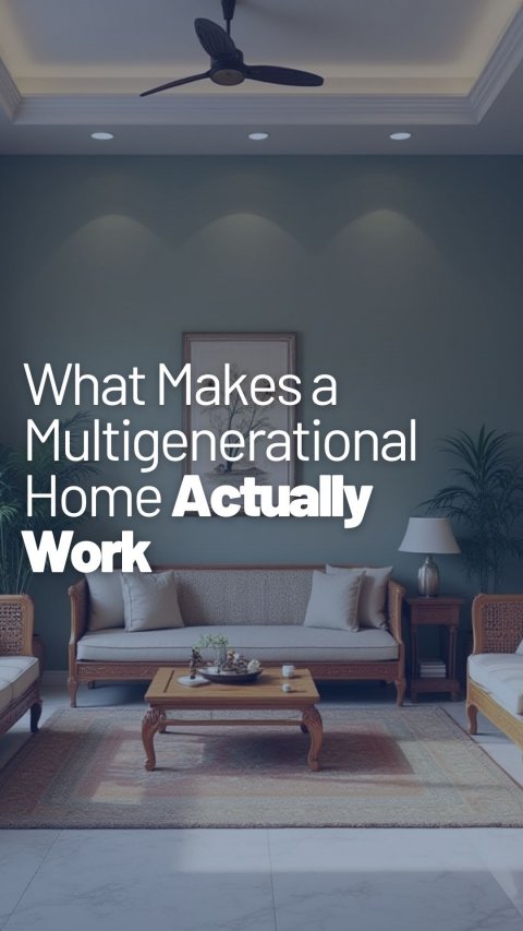 Coffee Table, Table, Ceiling Fan. Text: What Makes a Multigenerational Home Actually Work