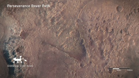 Mountain, Outdoors, Rock. Text: Perseverance Rover Path Distance: 0.00 miles 1000m