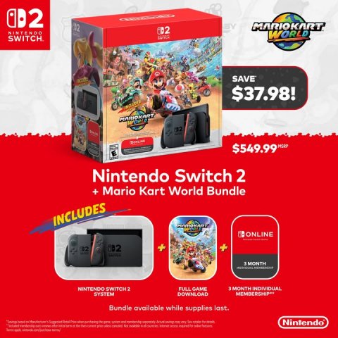 Advertisement, Poster, First Aid. Text: BY MARIOKART NINTENDO WORLD SAVE $37.98! MARIOKART WORLD $549.99 MSRP Nintendo Switch 2 + Mario Kart World Bundle INCLUDES ONLINE 02 + + NINTENDO SWITCH 2 FULL GAME 3 MONTH INDIVIDUAL SYSTEM DOWNLOAD Bundle available while supplies last.