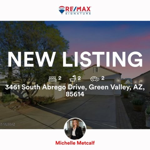 City, Street, Path. Text: RE/MAX SIGNATURE NEW LISTING 2 2 2 3461 South Abrego Drive, Green Valley, AZ, 85614 5 MLSSAZ Michelle Metcalf
