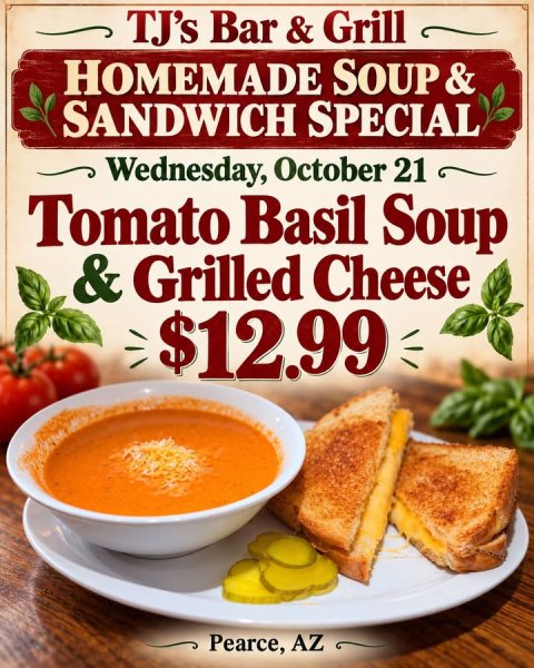 Meal, Dish, Bowl. Text: TJ's Bar &amp; Grill HOMEMADE SOUP &amp; SANDWICH SPECIAL Wednesday, October 21 Tomato Basil Soup &amp; Grilled Cheese $12.99 Pearce, AZ