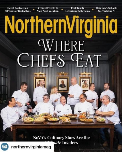Dining Room, Dining Table, People. Text: David Baldacci on 3 Direct Flights to Peek Inside How NoVA Schools NorthernVirginia of Your Next Are AI 30 Years Bestsellers Vacation Luxurious Bathrooms WHERE CHEFS EAT NoVA's Culinary Stars Are the nate Insiders NoVA northernvirginiamag
