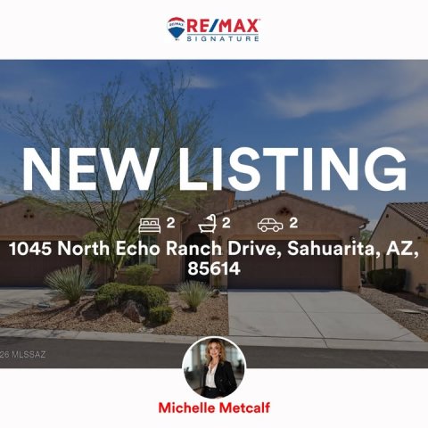 Neighborhood, Street, Person. Text: RE/MAX SIGNATURE NEW LISTING 2 2 2 1045 North Echo Ranch Drive, Sahuarita, AZ, 85614 26 MLSSAZ Michelle Metcalf