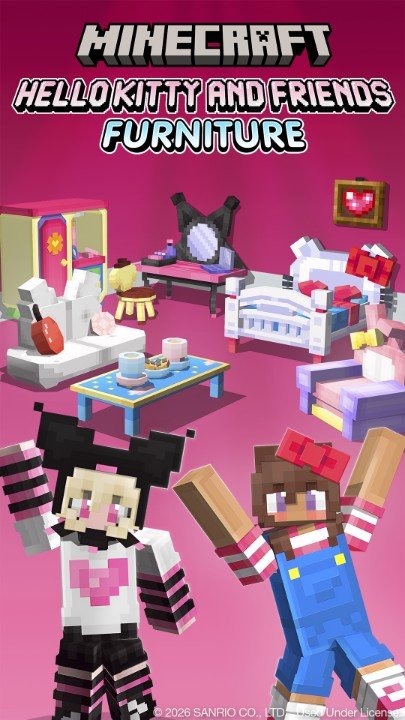 Advertisement, Poster, Book. Text: MINECRAFT HELLOKITTY AND FRIENDS FURNITURE