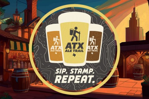 Beer, Lager, Factory. Text: ATX ATX ATX ALE TRAIL ALE TRAIL LE TRAIL SIP. STAMP. REPEAT.