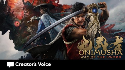 Sword, Person, Woman. Text: ONIMUSHA way OF THE SWORD Creator's Voice