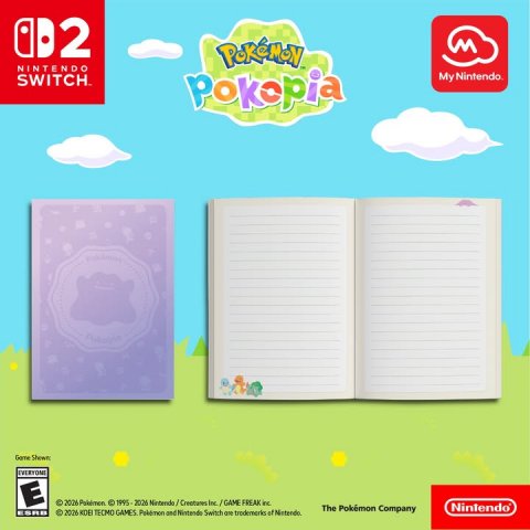 Page, Diary, Advertisement. Text: PoKéMoN NINTENDO My Nintendo SWITCH. pokopia EVERYONE E The Pokémon Company