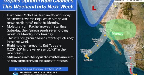 Land, Sea, Plot. Text: This Weekend into Next Week L Hurricane Rachel will turn northeast Friday and move towards Baja, while Simon will move north into Sinaloa by Monday. Moisture from Rachel moves in starting Saturday, then Simon sends re-enforcing Moisture moisture Monday into Tuesday. This will bring rain chances starting Saturday into next week. Right now rain amounts Sat-Tues are 0.25"-1.0" in the valleys and 1"-2" in the mountains. Still some uncertainty in the rainfall amounts, so stay