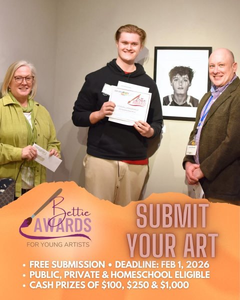 Advertisement, Poster, Person. Text: SUBMIT FOR YOUNG ARTISTS YOUR ART FREE SUBMISSION DEADLINE: FEB 1, 2026 PUBLIC, PRIVATE &amp; HOMESCHOOL ELIGIBLE CASH PRIZES OF $100, $250 &amp; $1,000