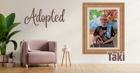Potted Plant, Interior Design, Person. Text: Adopted Taki