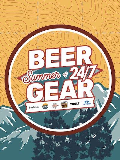 Advertisement, Poster, Logo. Text: BEER Summer of 24/7 GEAR Bushnell THULE