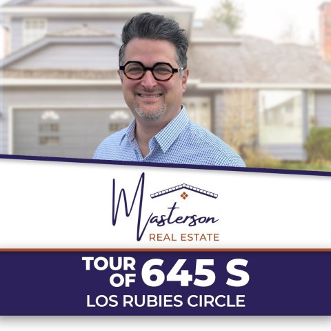 Glasses, Portrait, Advertisement. Text: REAL ESTATE TOUR OF 645 S LOS RUBIES CIRCLE