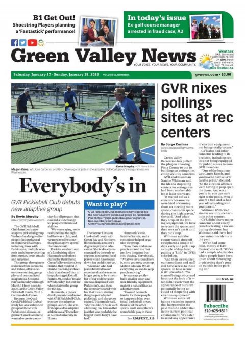 Newspaper, Man, Person. Text: B1 Get Out! In today's issue Shoestring Players planning Ex-golf course manager a 'Fantastick' performance! arrested in fraud case, A2 f Green Valley YOUR News VOICE COMMUNITY Weather YOUR NEWS YOUR GVR nixes pollings sites at rec centers of election equipment Recreation has pulled