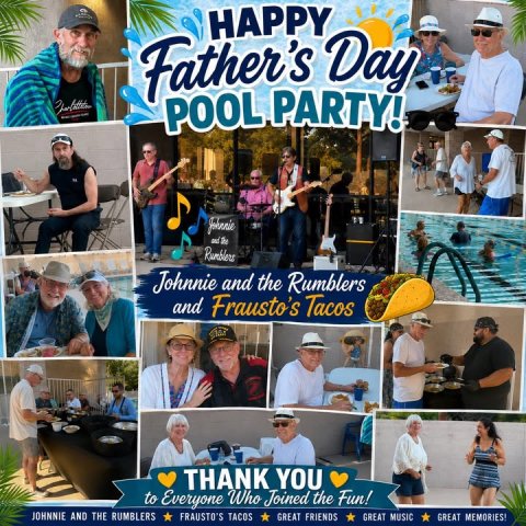 Advertisement, Poster, Collage. Text: HAPPY Father's Day POOL PARTY! Johnnie Rumblers Johnnie and the Rumblers and Frausto's Tacos THANK YOU to Everyone Who Joined the Fun! JOHNNIE AND THE RUMBLERS FRAUSTO'S TACOS GREAT FRIENDS GREAT MUSIC