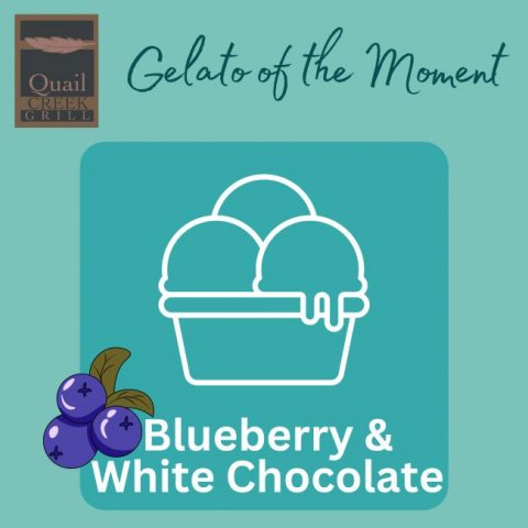 Fruit, Produce, Blueberry. Text: Quail Gelato of the Moment CREEK GRILL Blueberry &amp; &amp; White Chocolate