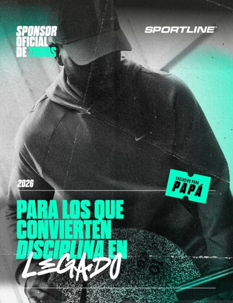 Advertisement, Poster, Person. Text: SPONSOR SPORTLINE DE TOMOS 2026 PAPÁ PARA LOS QUE CONVIERTEN DISCIPLINA EN