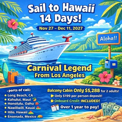 Advertisement, Poster, Boat. Text: Sail to Hawaii 14 Days! Nov 27 - Dec 11, 2027 Aloha!! Carnival Legend From Los Angeles ports of call: Balcony Cabin Only $5,288 for 2 adults! Long Beach, CA Only $199 per person deposit! Kahului, Maui Onboard Credit INCLUDED! Honolulu, Oahu Over 1 year to pay! Nawiliwili, Kauai Hilo, Hawaii Ensenada, Mexico