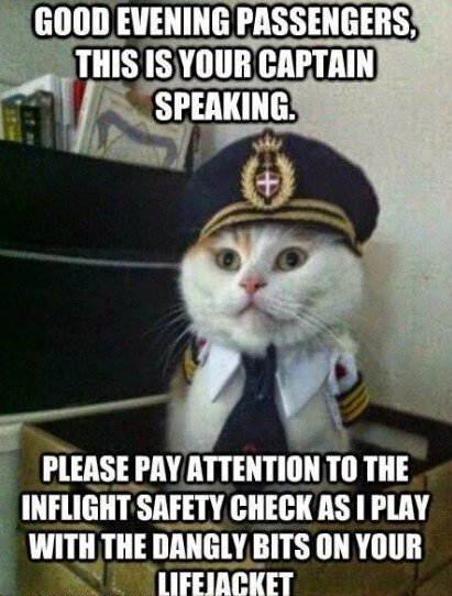 Tie, Person, Hat. Text: GOOD EVENING PASSENGERS, THIS IS YOUR CAPTAIN SPEAKING. PLEASE PAY ATTENTION TO THE INFLIGHT SAFETY CHECK AS I PLAY WITH THE DANGLY BITS ON YOUR LIFEJACKET