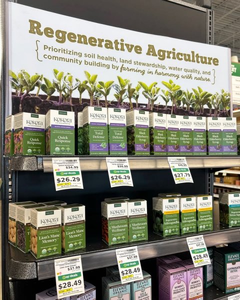 Shop, Advertisement, Indoors. Text: Regenerative Agriculture and 1 Prioritizing soil health, land stewardship, water quality, community building by farming in harmony with nature Total Total - Quick Defense Quick Response Response -