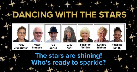 Adult, Person, Woman. Text: DANCING WITH THE STARS Tracy Peter "CJ" Lucy Susanne Kathee Rosalind Fronsee Kehl Phillips Richter Branstetter Jones Smith The stars are shining! Who's ready to sparkle?