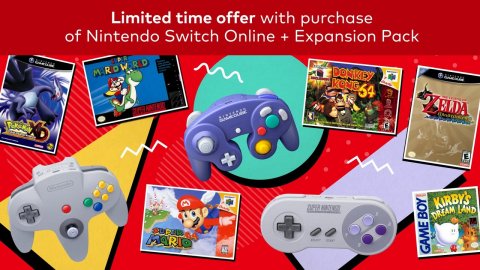 Electronics, Super Mario, Person. Text: Limited time offer with purchase of Nintendo Switch Online + Expansion Pack ZELDA E KIRBY'S DREAM LAND + MARIO GAME BOY