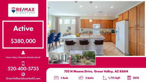 Advertisement, Poster, Interior Design. Text: RE/MAX Active $380,000 520-400-5735 732 N Moana Drive, Green Valley, AZ 85614 2 Beds 2 Baths 1,712 SqFt 2010